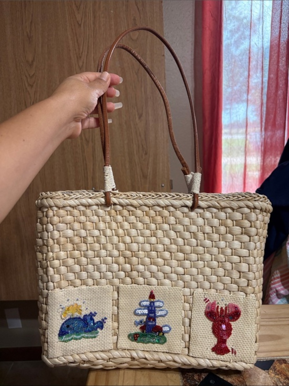 QVC Natural Straw Tote with Brown Handles and Multicolor Embroidery
